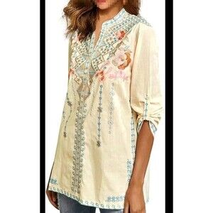 Bohemian Heavily Embroidered Blouse Size S Rayon Roll Up Sleeve Line V Neck...